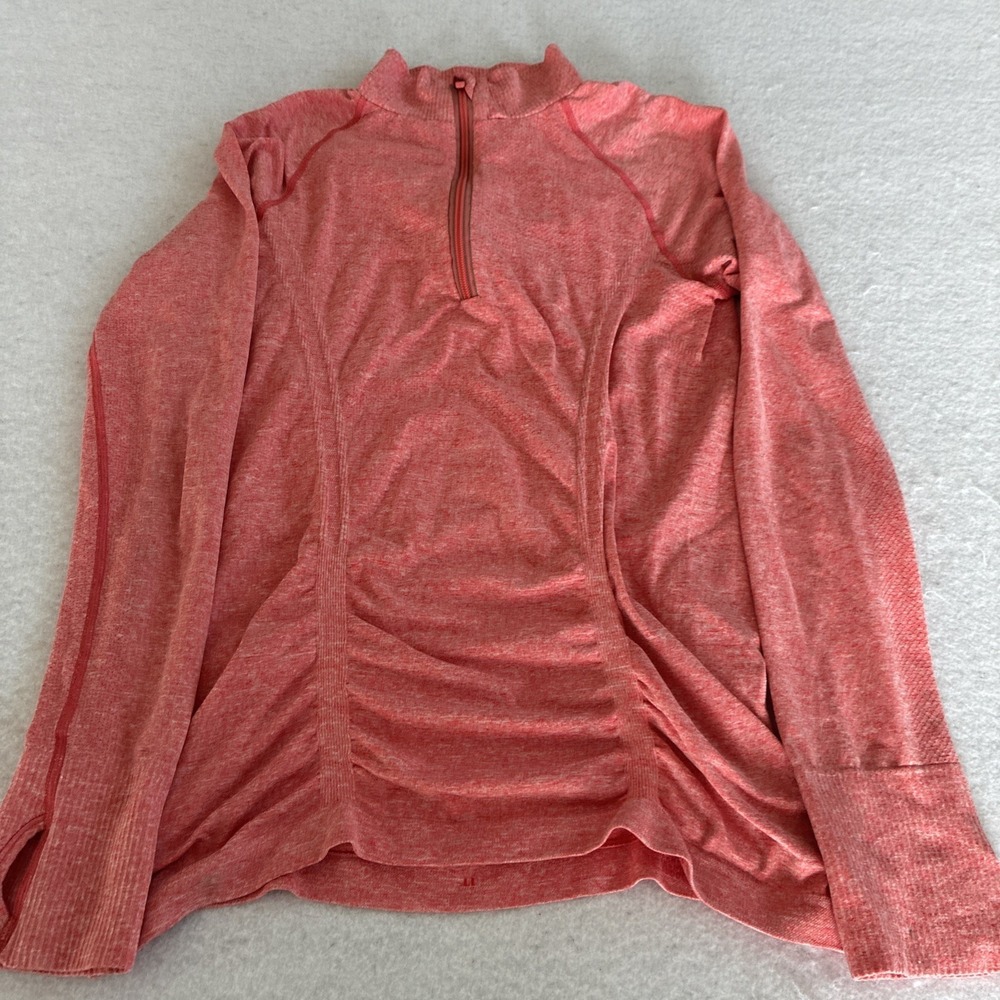 Athleta Fast Track 1/4 Zip Running Shirt Medium Pink Space Dye Ruched Pullover